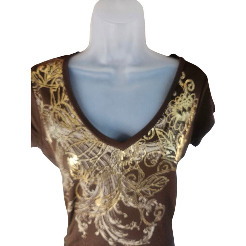 Cache Brown With Gold Silver Print Bodycon Dress Sz M Stretchy V Neck - Picture 3 of 10